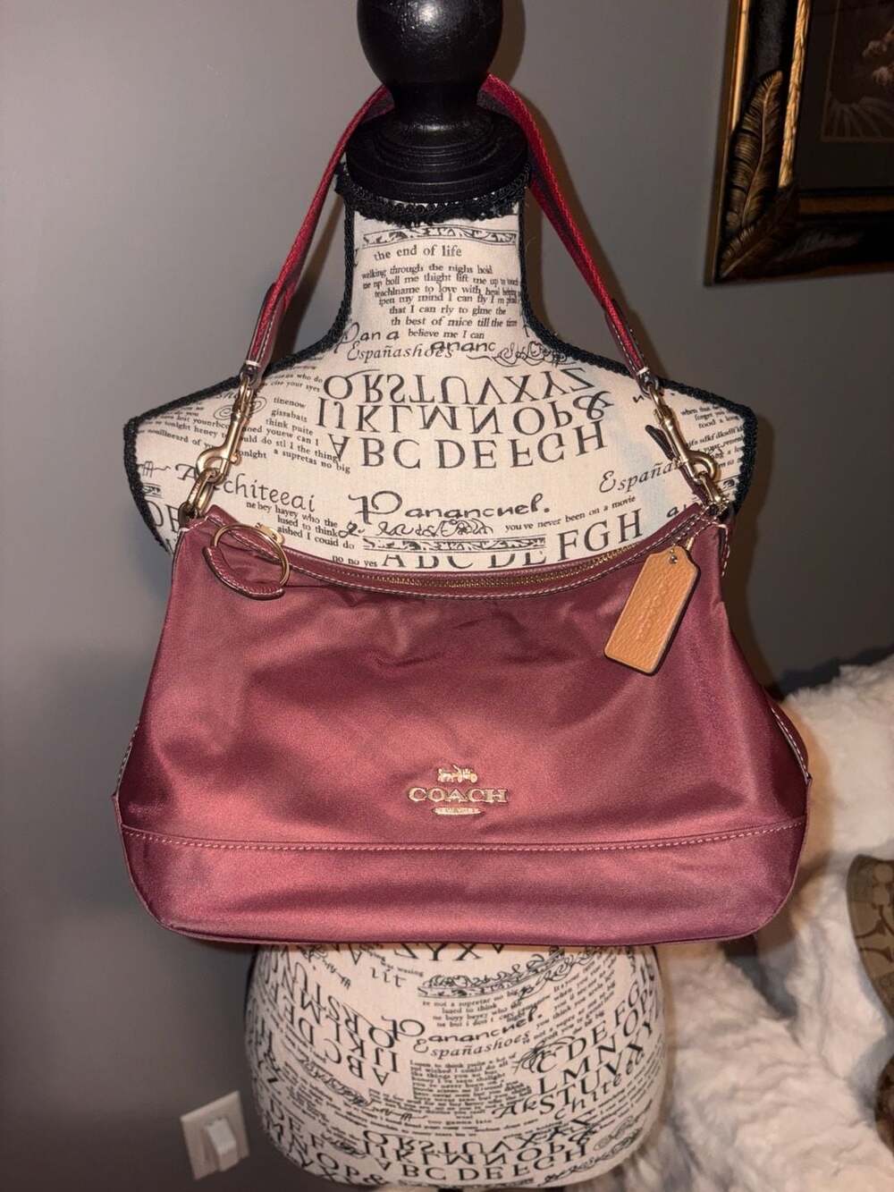 Coach Court Hobo in Wine Satin with Varsity Stripe Strap